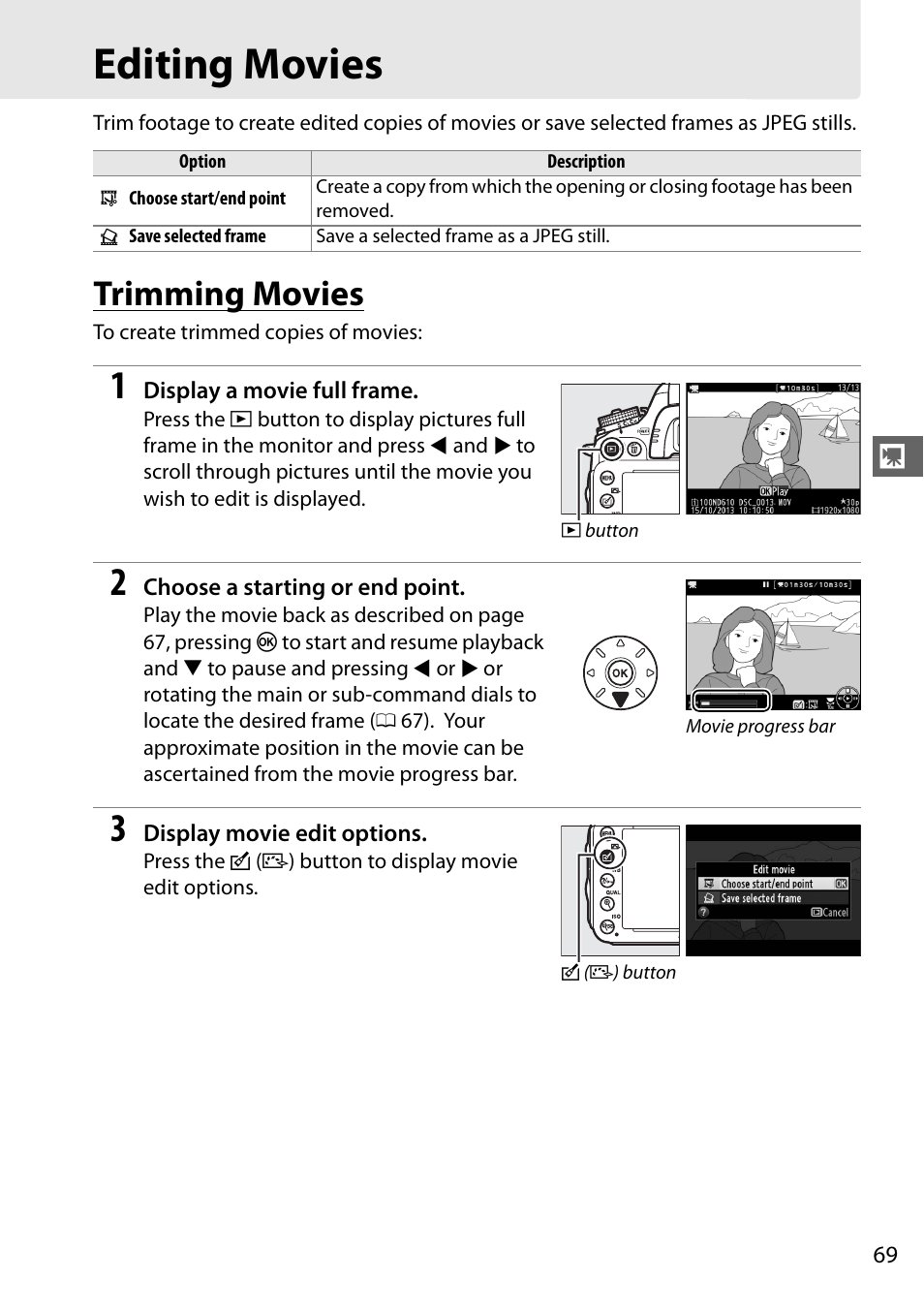 Editing movies, Trimming movies | Nikon D610 User Manual | Page 95 / 368