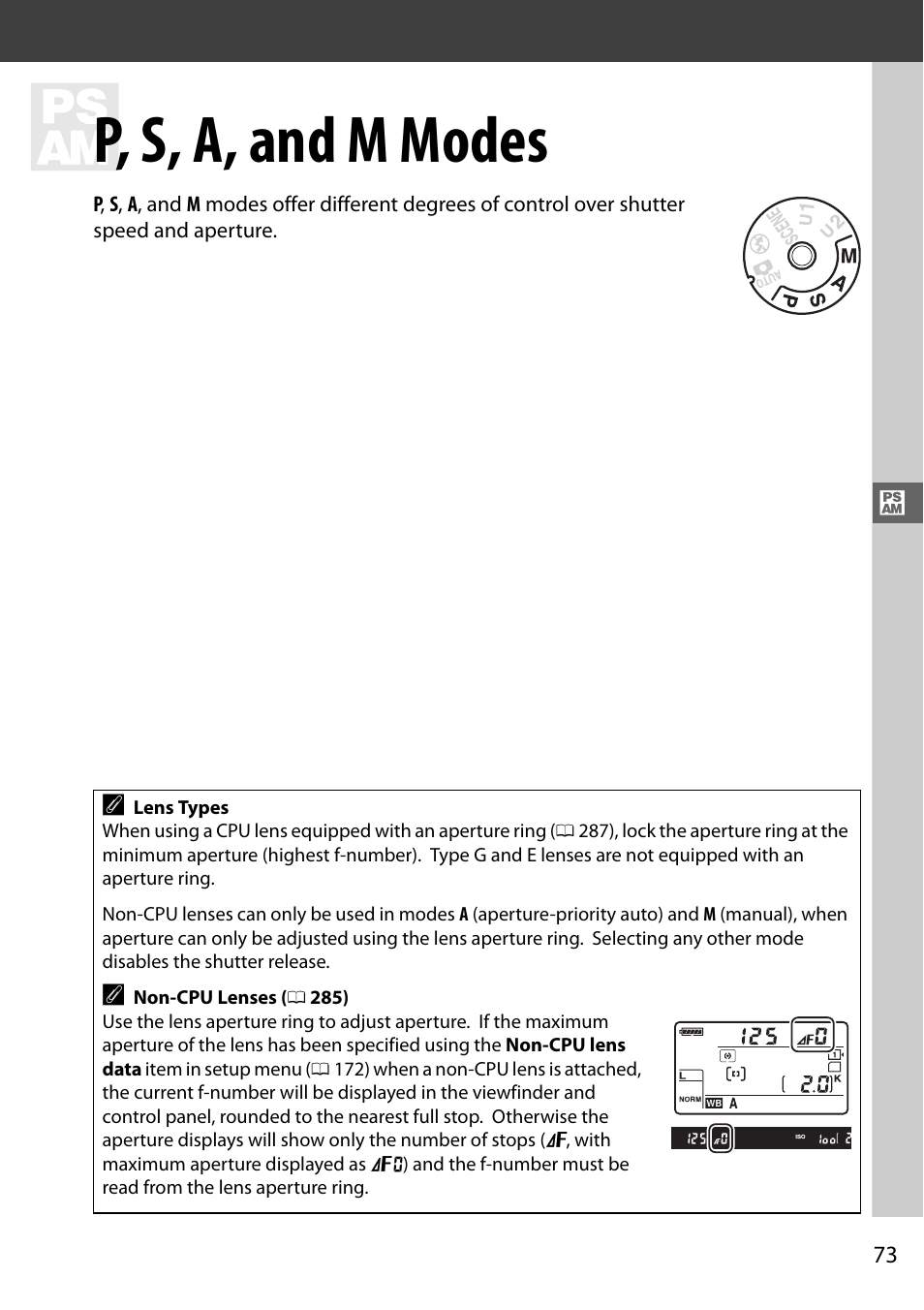 P, s, a, and m modes, Modes, 0 73); aper | Nikon D610 User Manual | Page 99 / 368