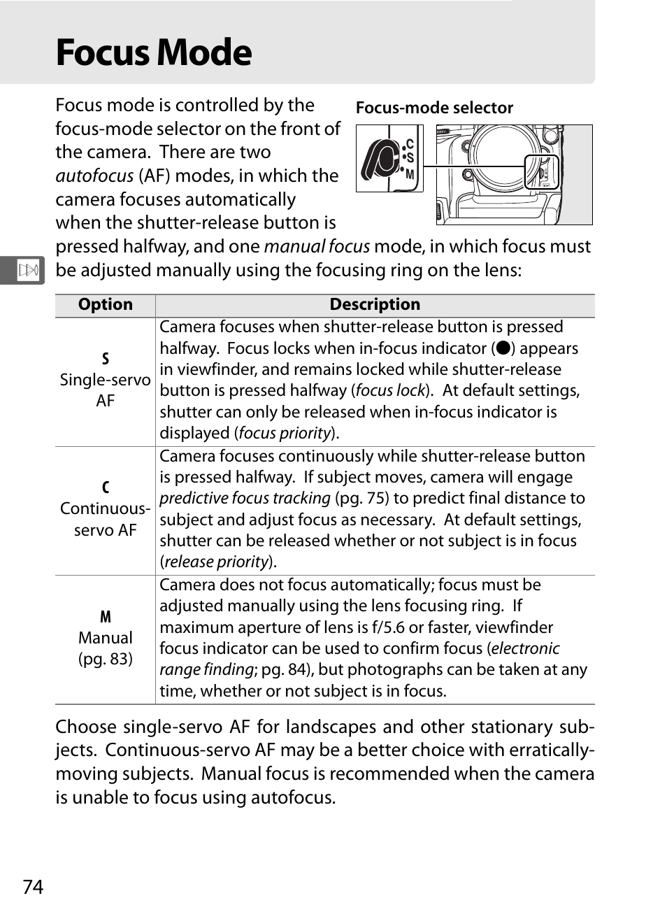 Focus mode | Nikon D3 User Manual | Page 100 / 472