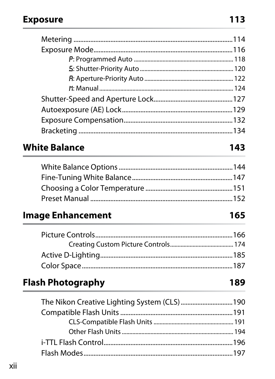 Exposure 113, White balance 143, Image enhancement 165 | Flash photography 189 | Nikon D3 User Manual | Page 14 / 472