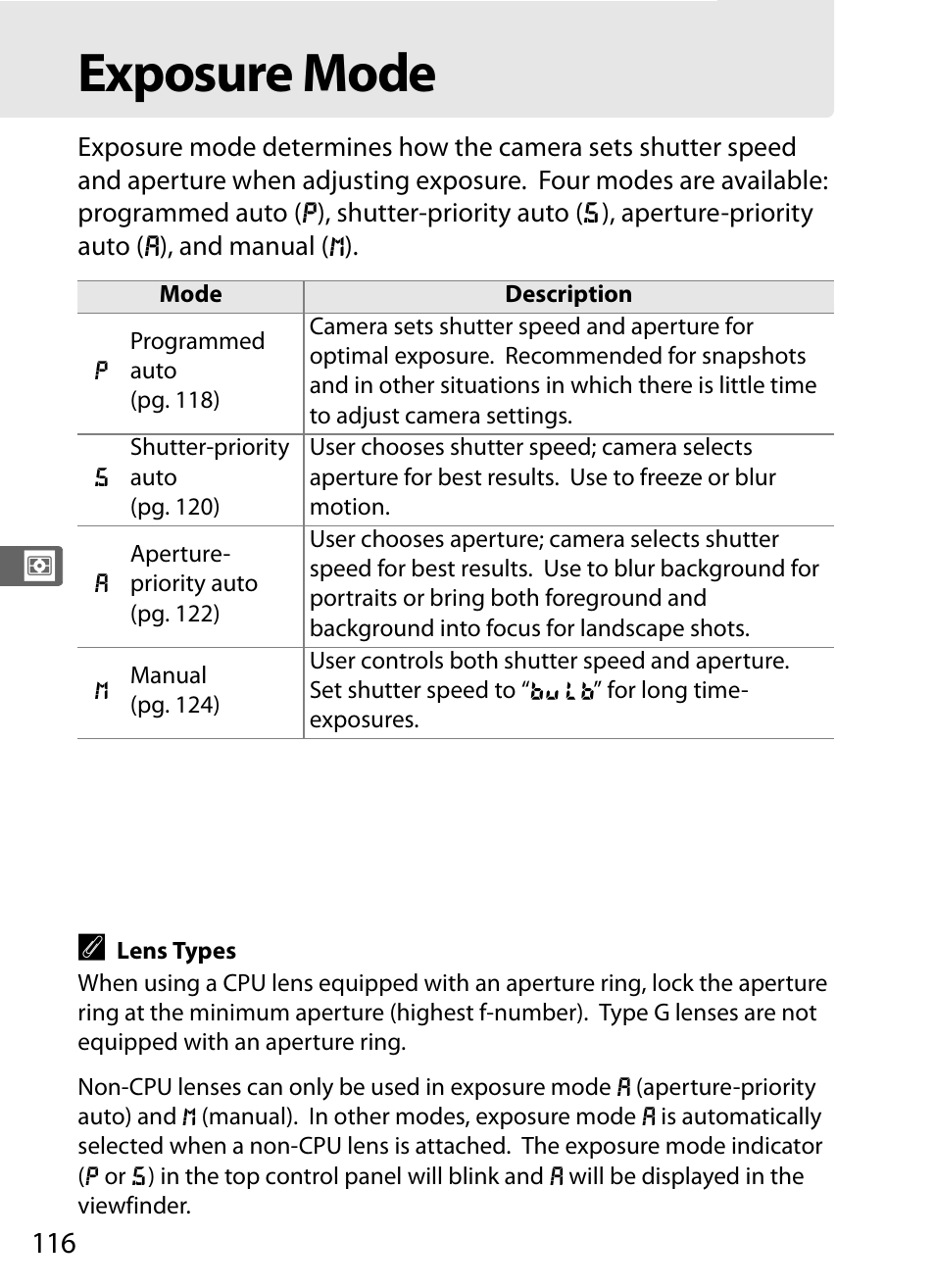 Exposure mode | Nikon D3 User Manual | Page 142 / 472
