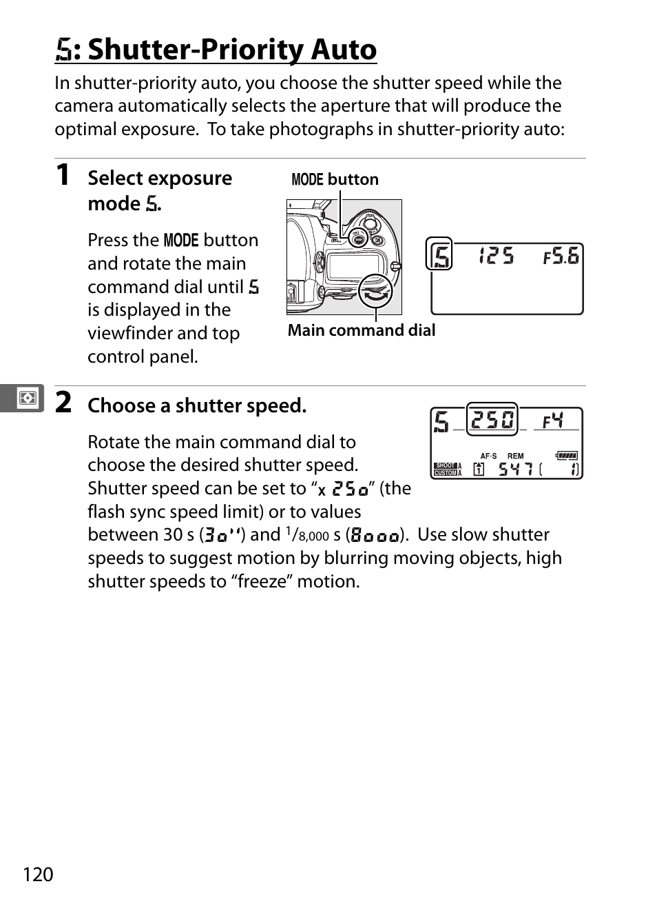 S: shutter-priority auto, F : shutter-priority auto | Nikon D3 User Manual | Page 146 / 472
