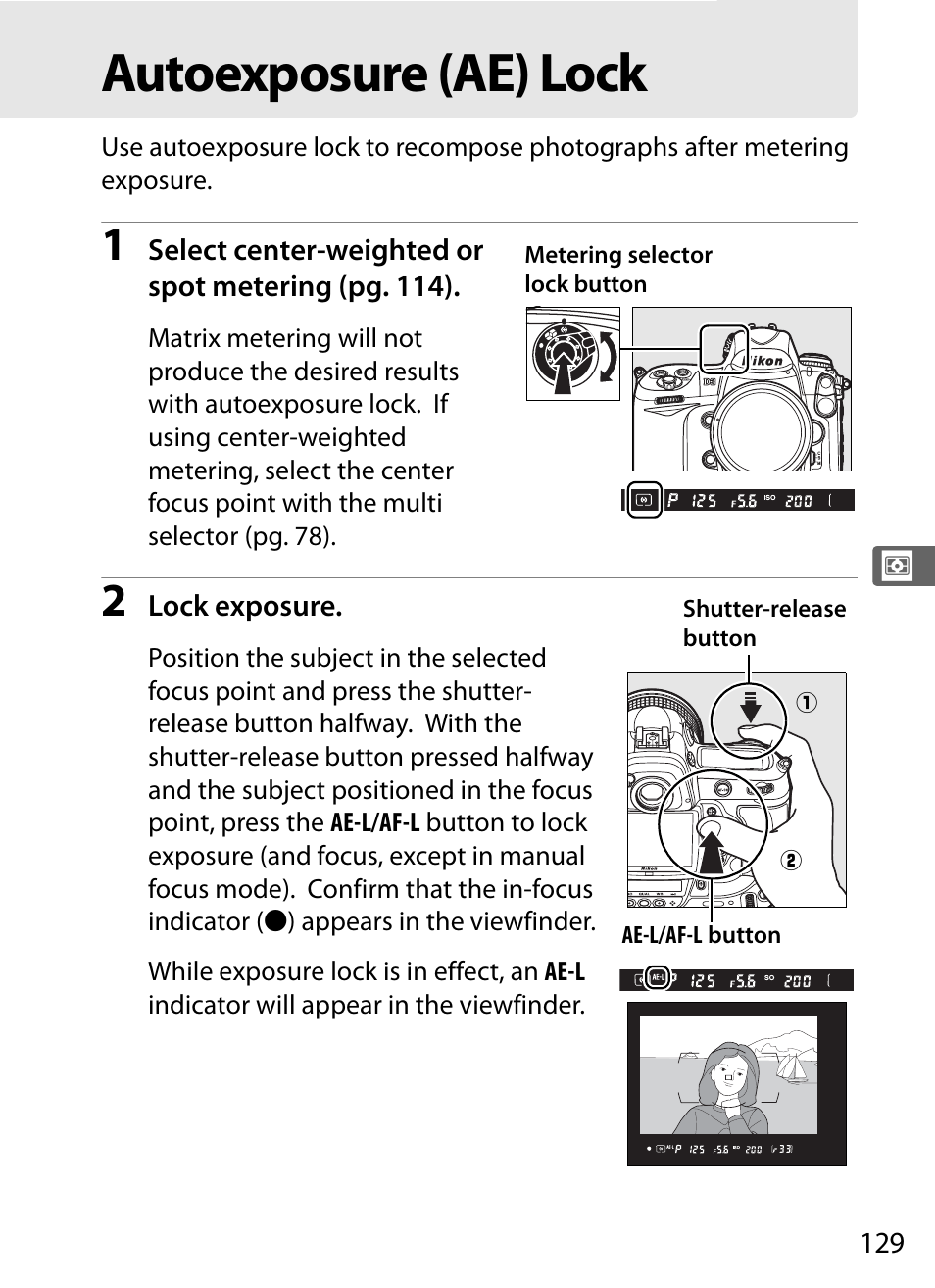 Autoexposure (ae) lock | Nikon D3 User Manual | Page 155 / 472