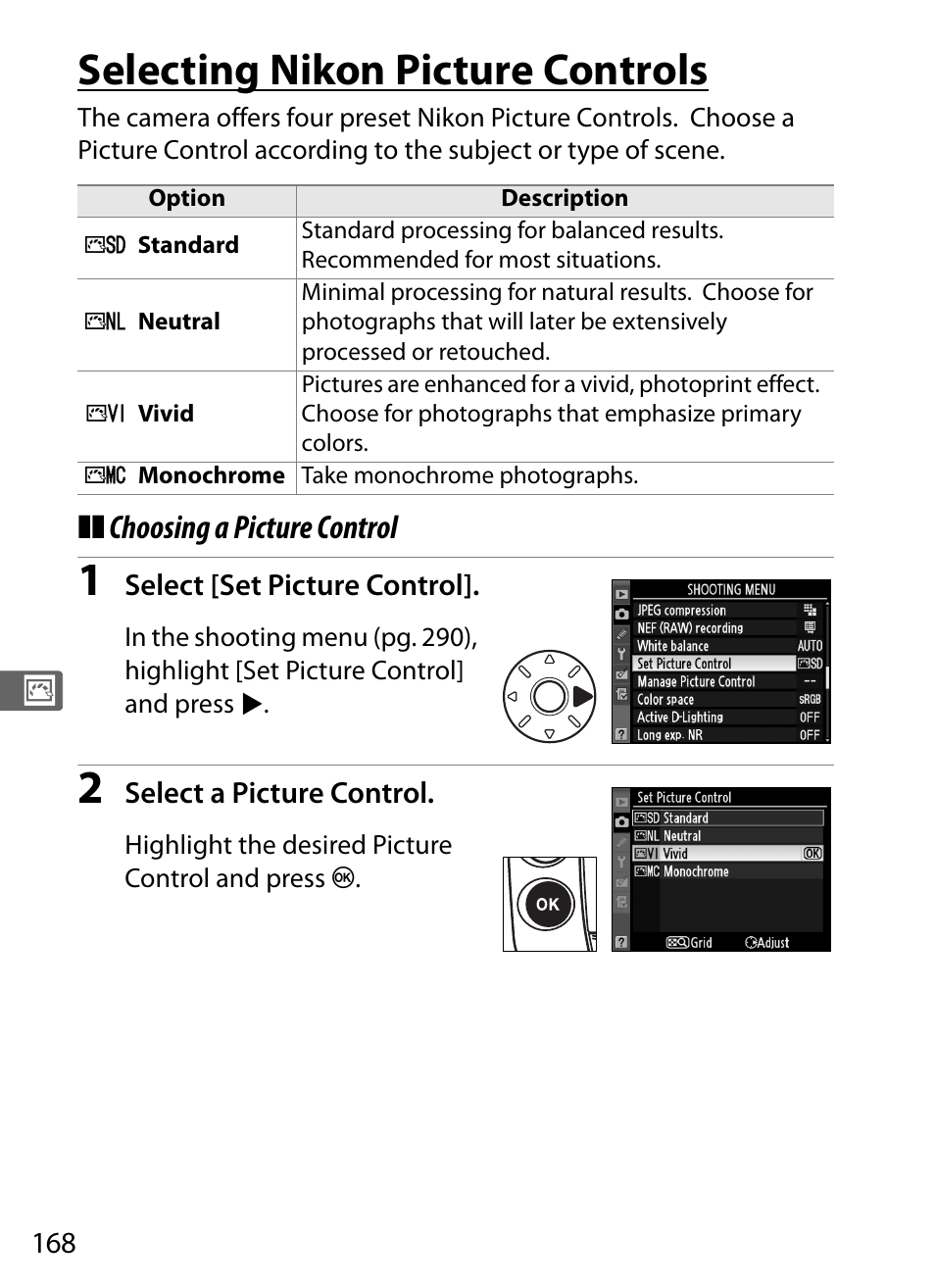 Selecting nikon picture controls | Nikon D3 User Manual | Page 194 / 472
