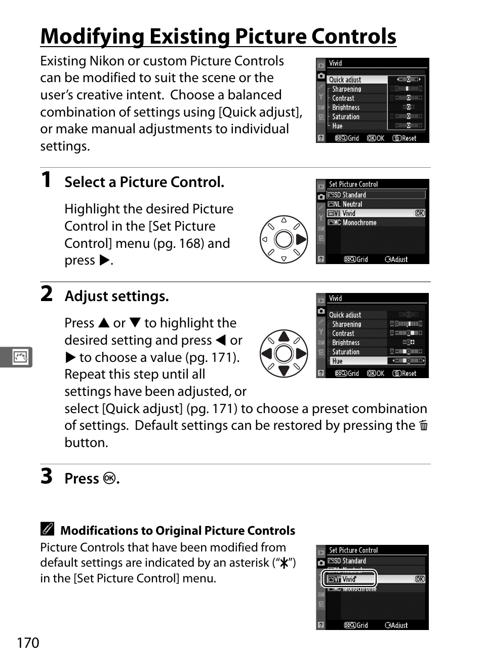 Modifying existing picture controls | Nikon D3 User Manual | Page 196 / 472