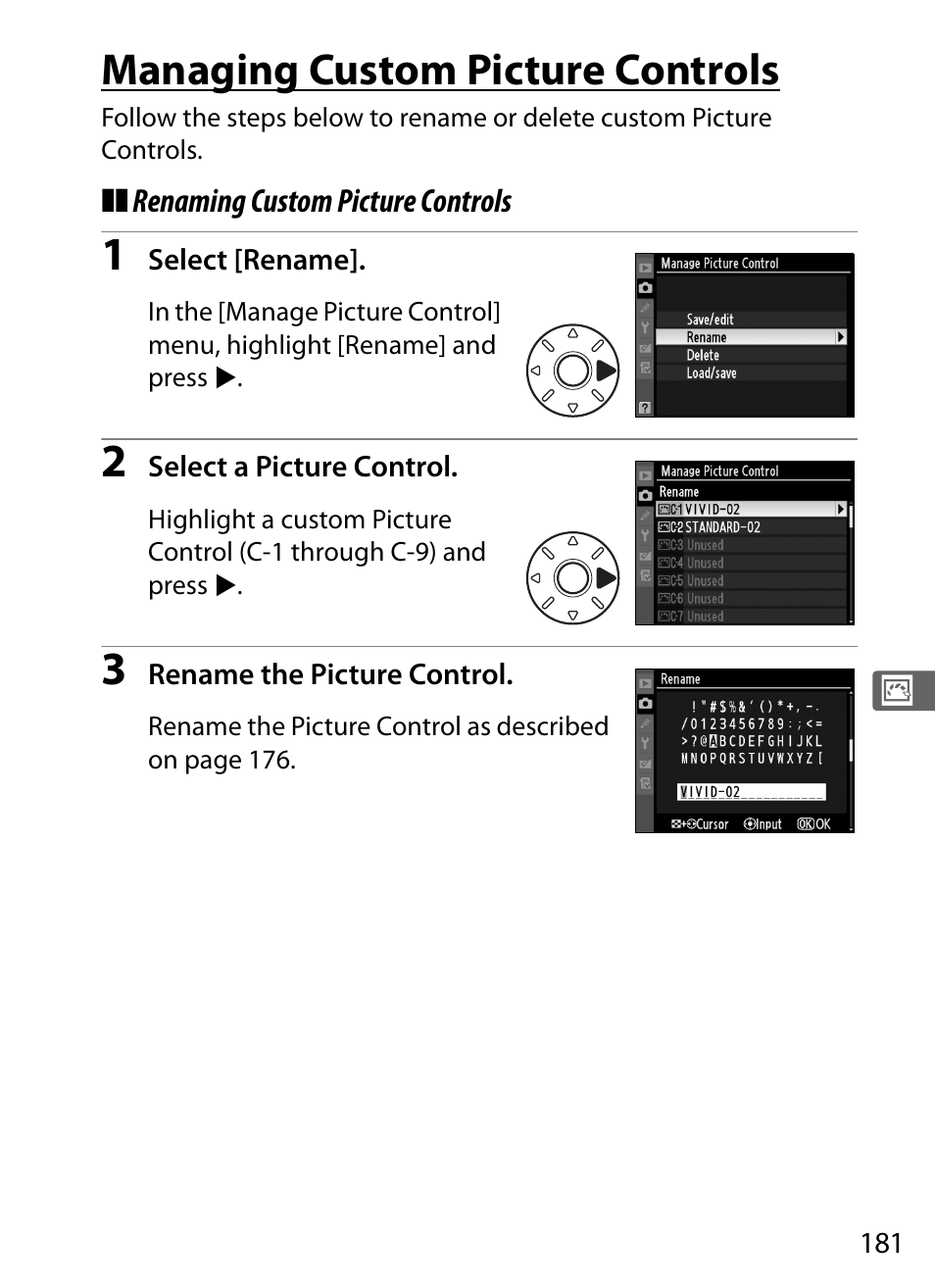 Managing custom picture controls | Nikon D3 User Manual | Page 207 / 472