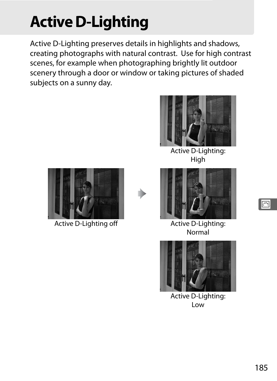 Active d-lighting | Nikon D3 User Manual | Page 211 / 472
