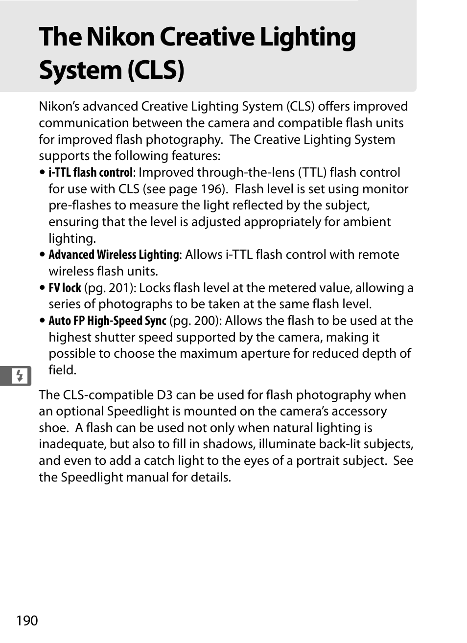 The nikon creative lighting system (cls) | Nikon D3 User Manual | Page 216 / 472