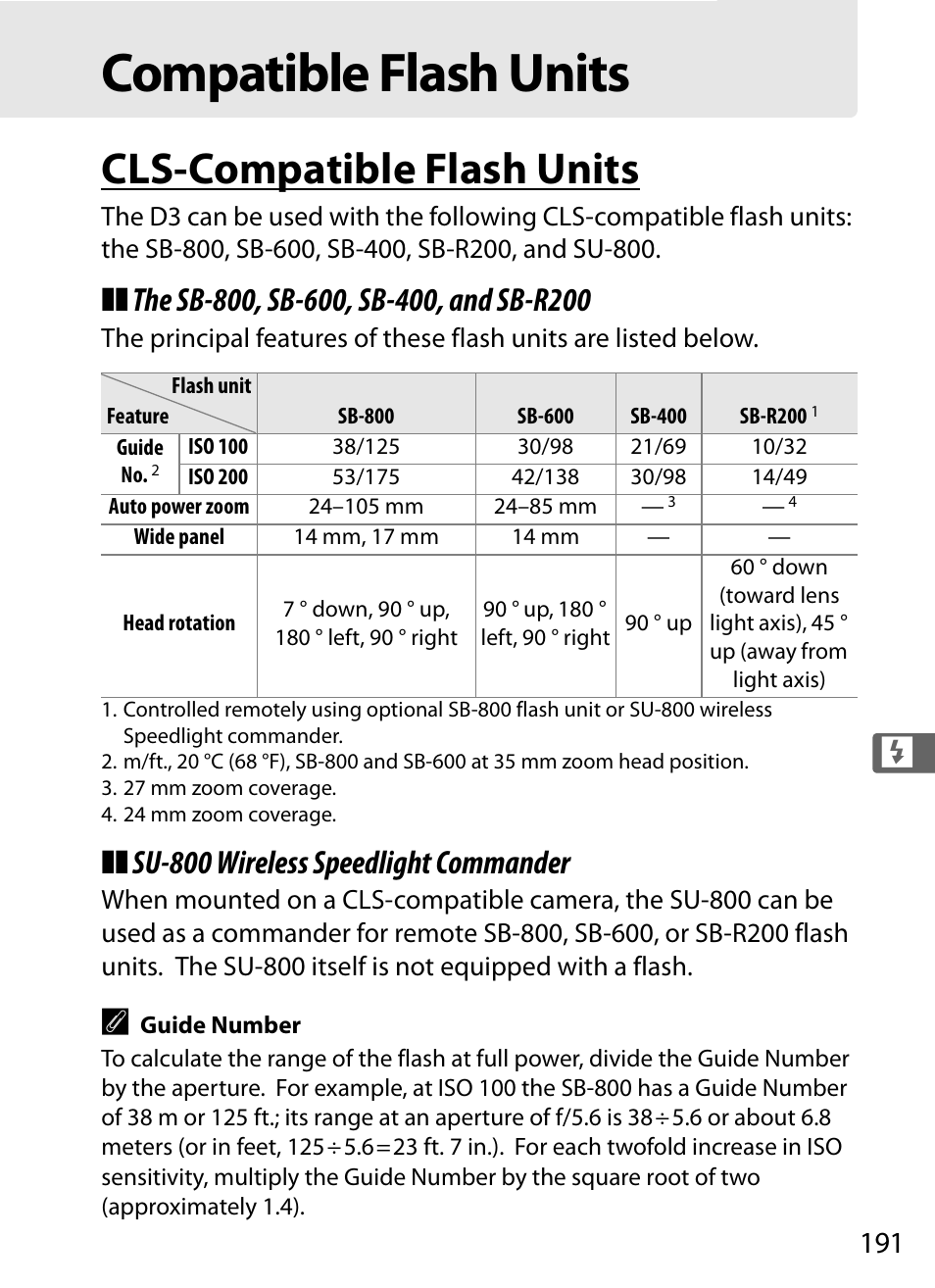 Compatible flash units, Cls-compatible flash units, Su-800 wireless speedlight commander | Nikon D3 User Manual | Page 217 / 472