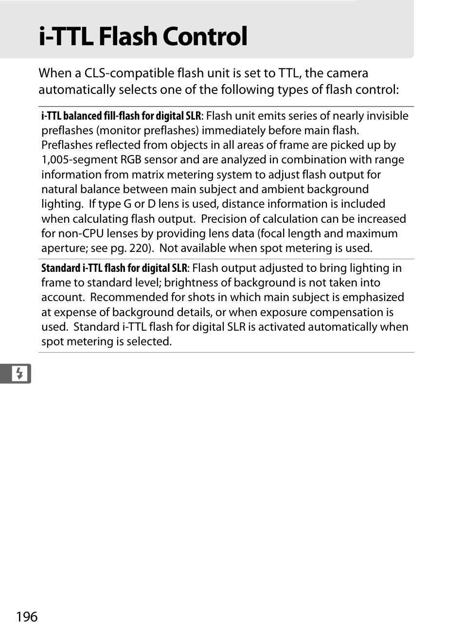 I-ttl flash control | Nikon D3 User Manual | Page 222 / 472