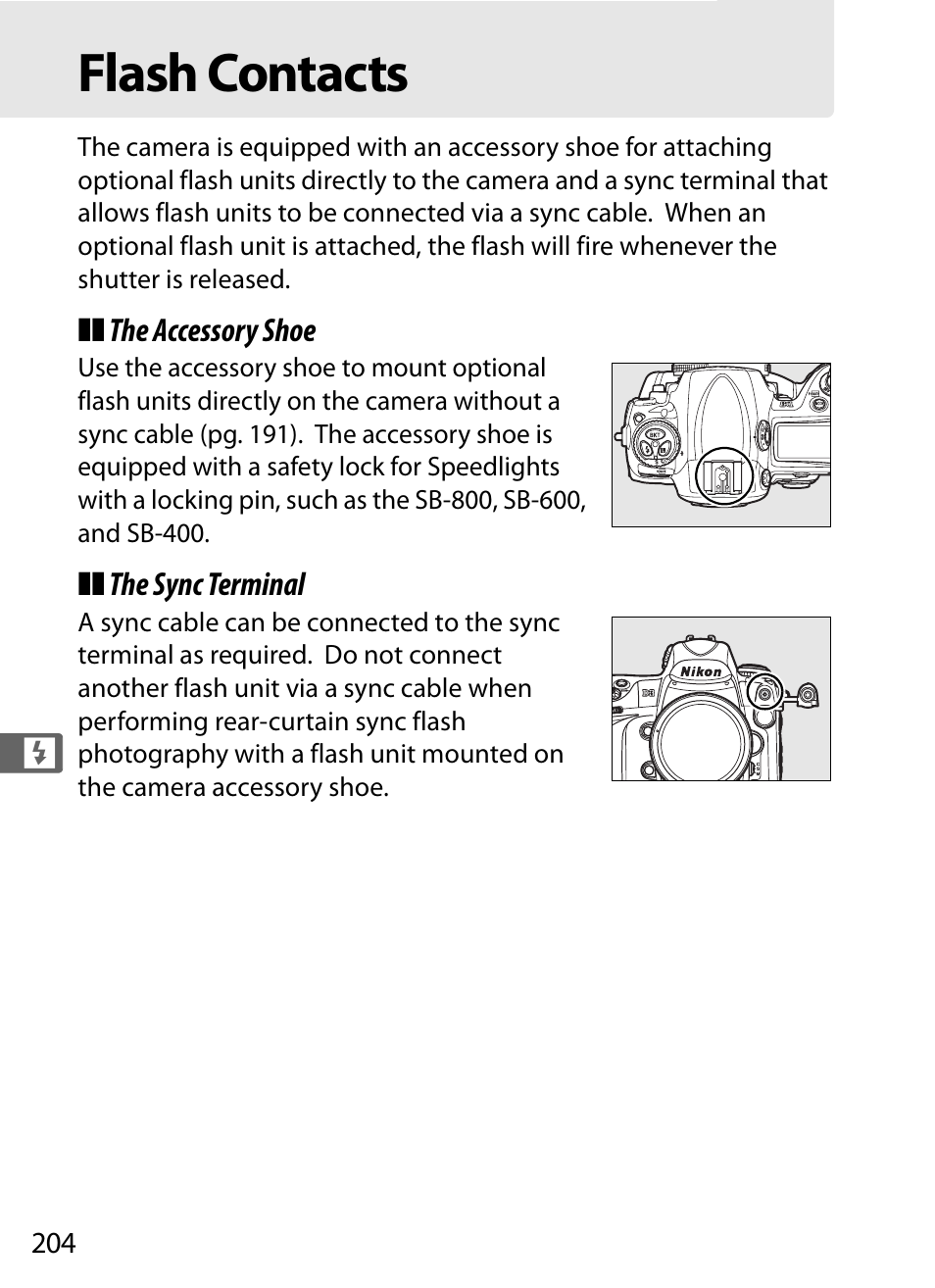Flash contacts | Nikon D3 User Manual | Page 230 / 472