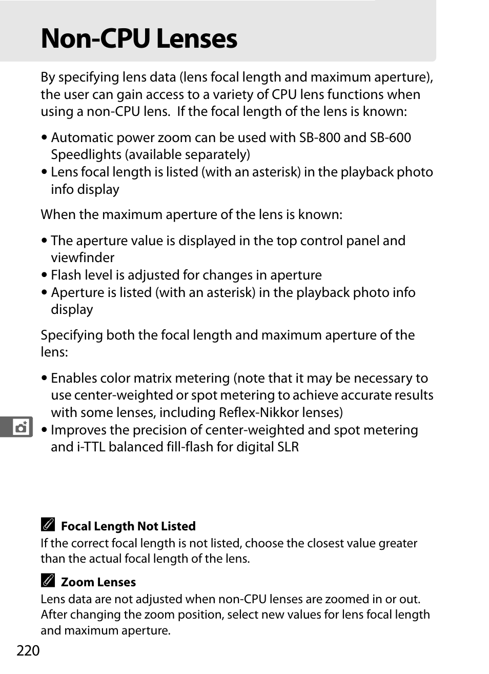 Non-cpu lenses | Nikon D3 User Manual | Page 246 / 472
