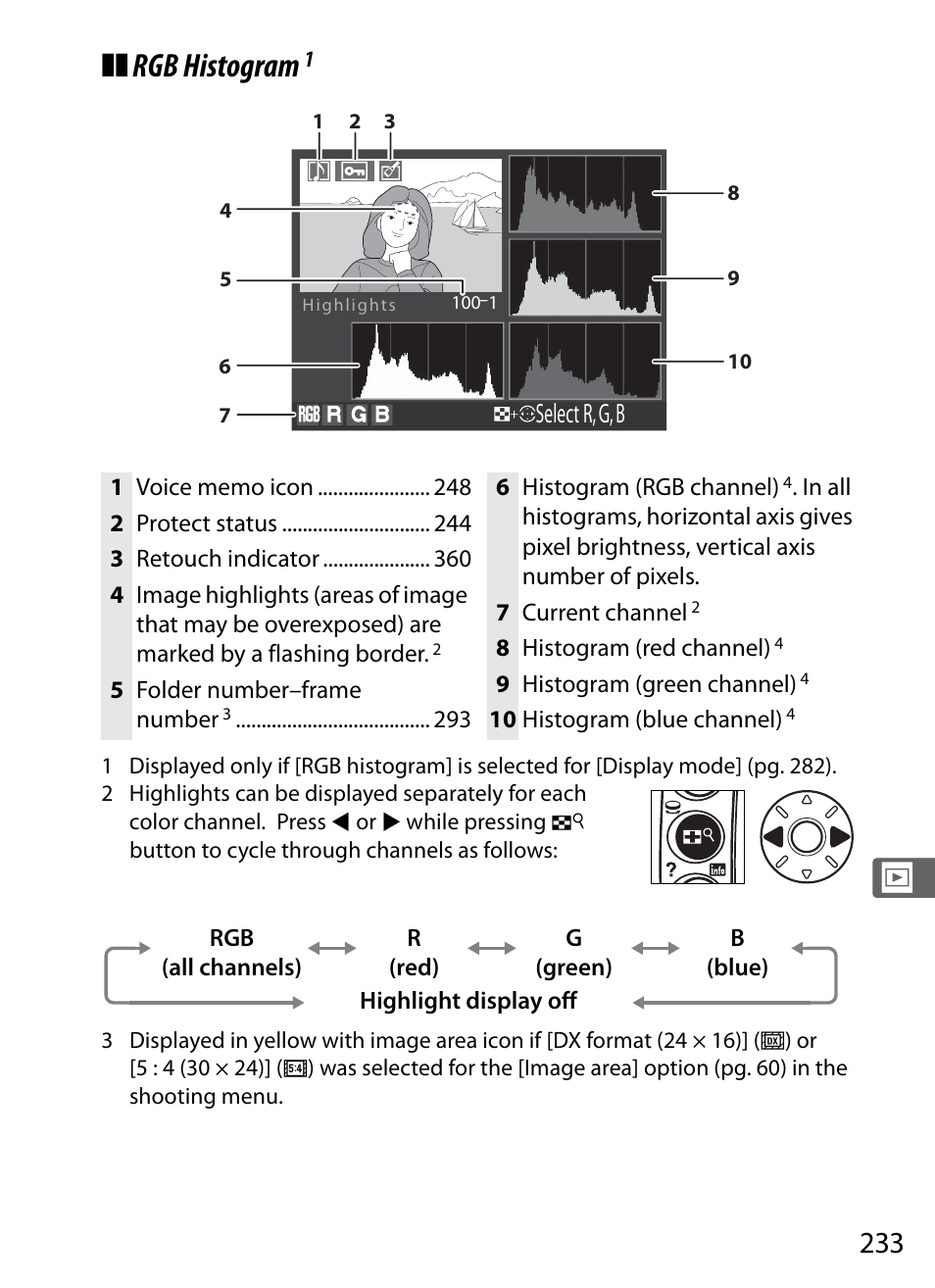 Rgb histogram, Select r, g, b | Nikon D3 User Manual | Page 259 / 472