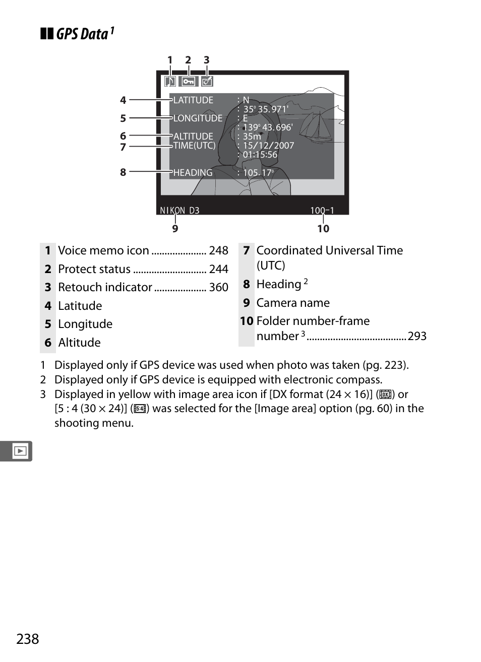 Gps data | Nikon D3 User Manual | Page 264 / 472