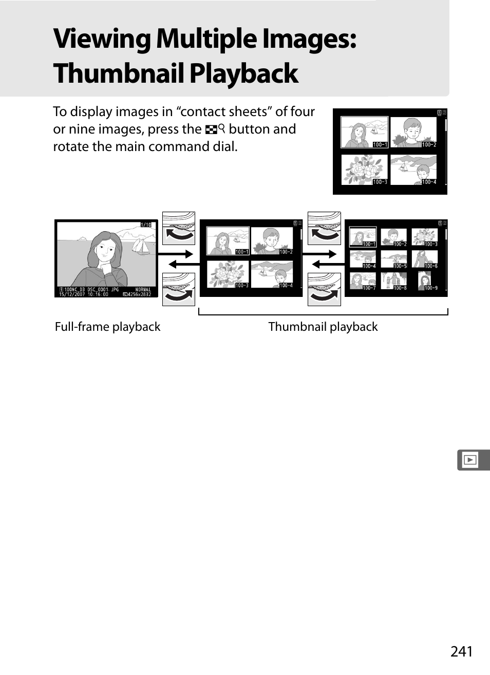 Viewing multiple images: thumbnail playback | Nikon D3 User Manual | Page 267 / 472