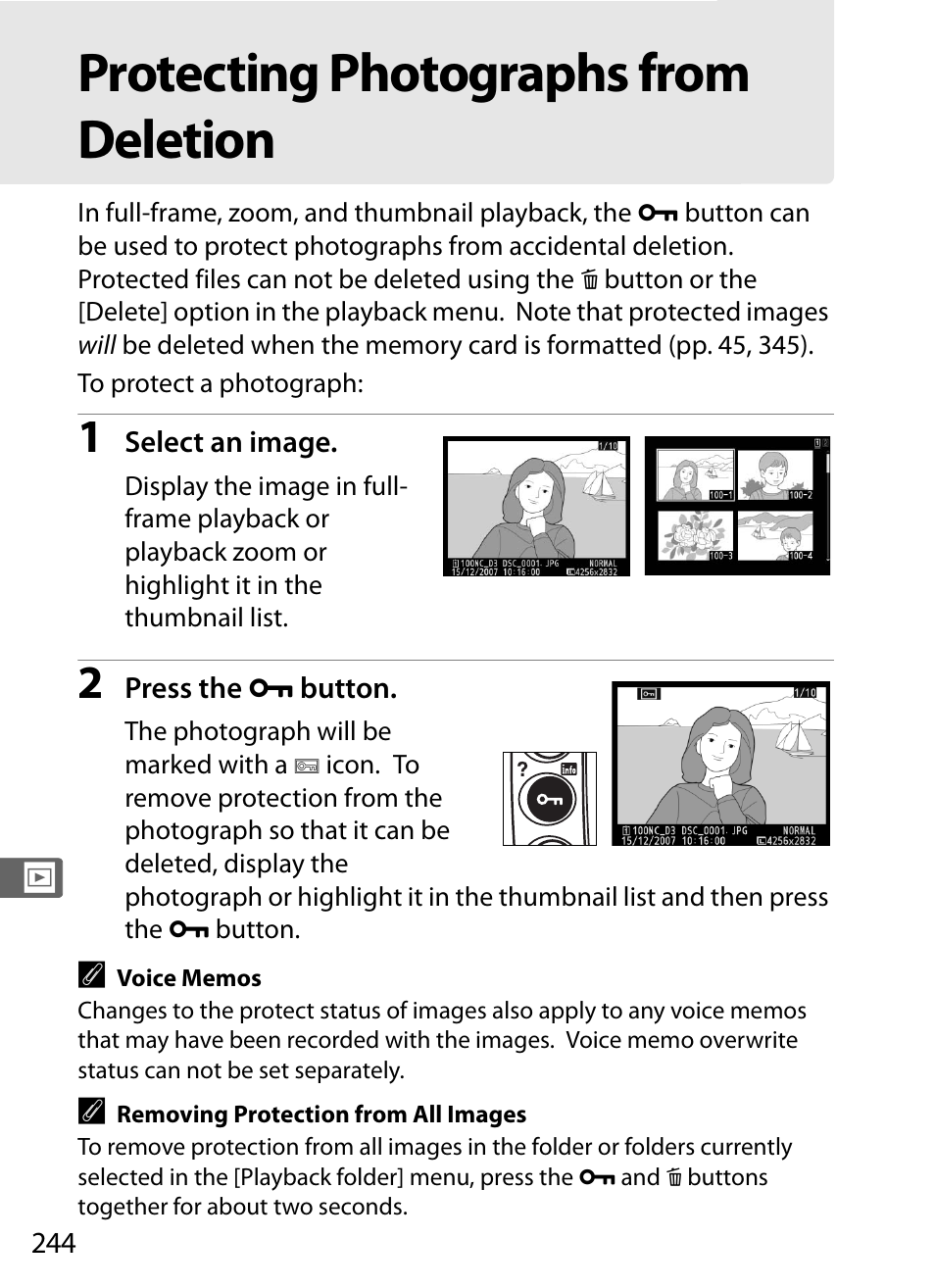 Protecting photographs from deletion | Nikon D3 User Manual | Page 270 / 472
