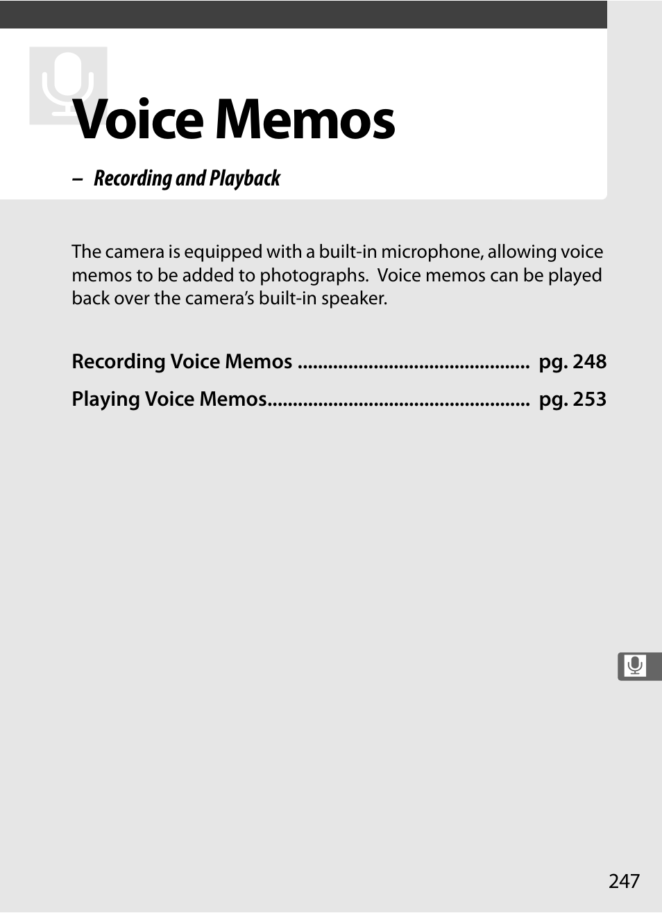 Voice memos | Nikon D3 User Manual | Page 273 / 472