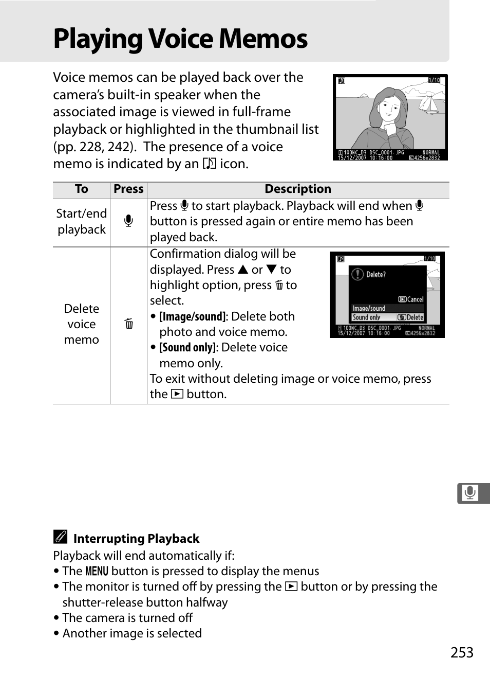 Playing voice memos | Nikon D3 User Manual | Page 279 / 472