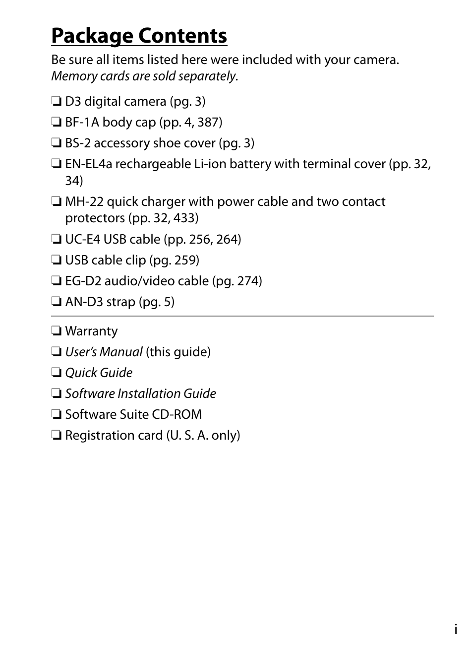 Package contents | Nikon D3 User Manual | Page 3 / 472