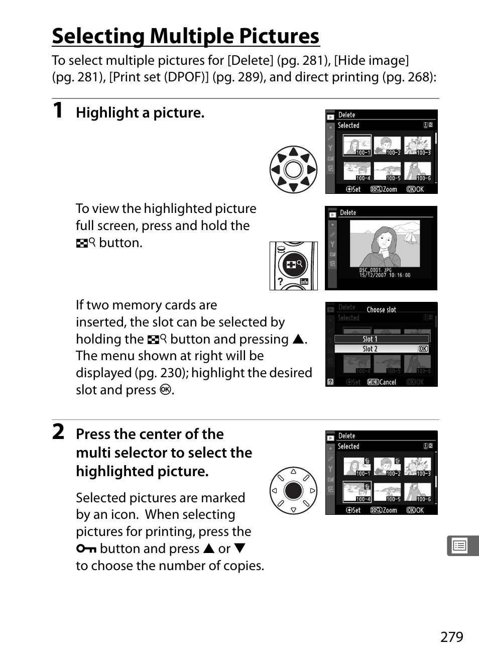 Selecting multiple pictures | Nikon D3 User Manual | Page 305 / 472