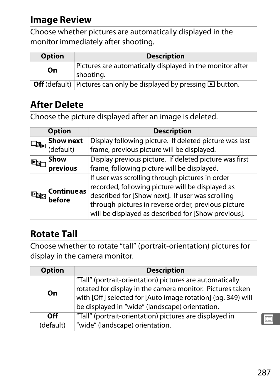 Image review, After delete, Rotate tall | Nikon D3 User Manual | Page 313 / 472