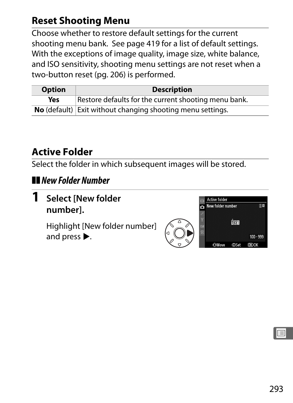 Reset shooting menu, Active folder | Nikon D3 User Manual | Page 319 / 472