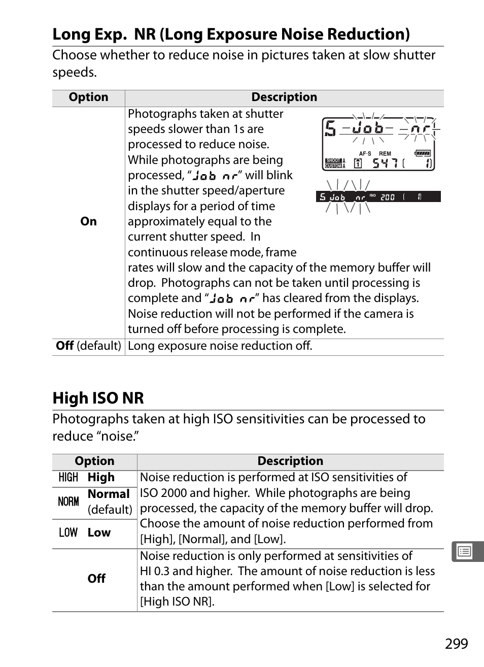 Long exp. nr (long exposure noise reduction), High iso nr | Nikon D3 User Manual | Page 325 / 472