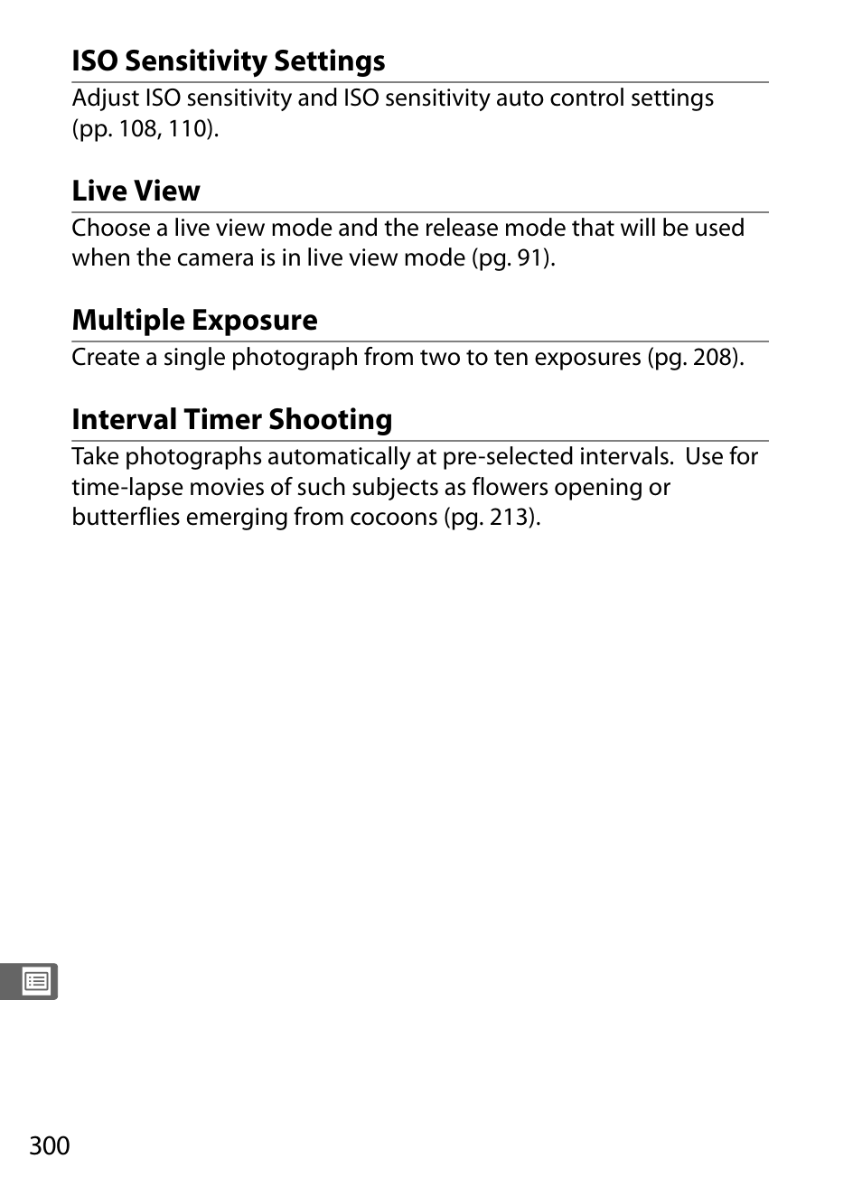 Iso sensitivity settings, Live view, Multiple exposure | Interval timer shooting | Nikon D3 User Manual | Page 326 / 472