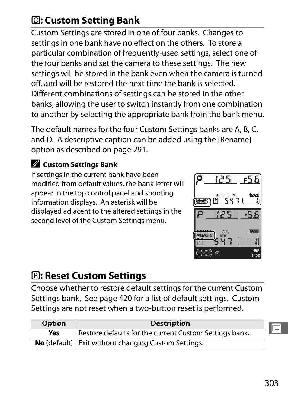 C: custom setting bank, R: reset custom settings, B : custom setting bank | A : reset custom settings | Nikon D3 User Manual | Page 329 / 472