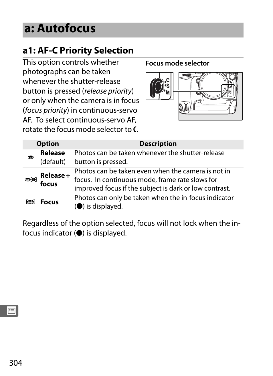 A: autofocus, A1: af-c priority selection | Nikon D3 User Manual | Page 330 / 472