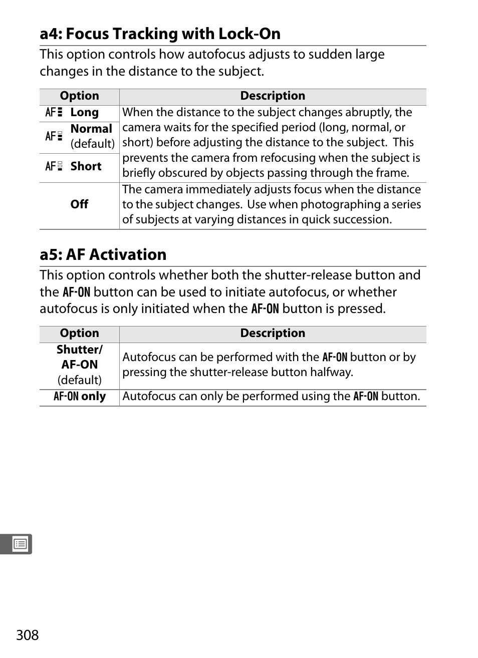 A4: focus tracking with lock-on, A5: af activation | Nikon D3 User Manual | Page 334 / 472