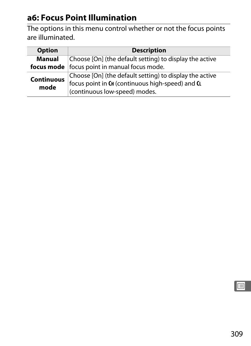 A6: focus point illumination | Nikon D3 User Manual | Page 335 / 472