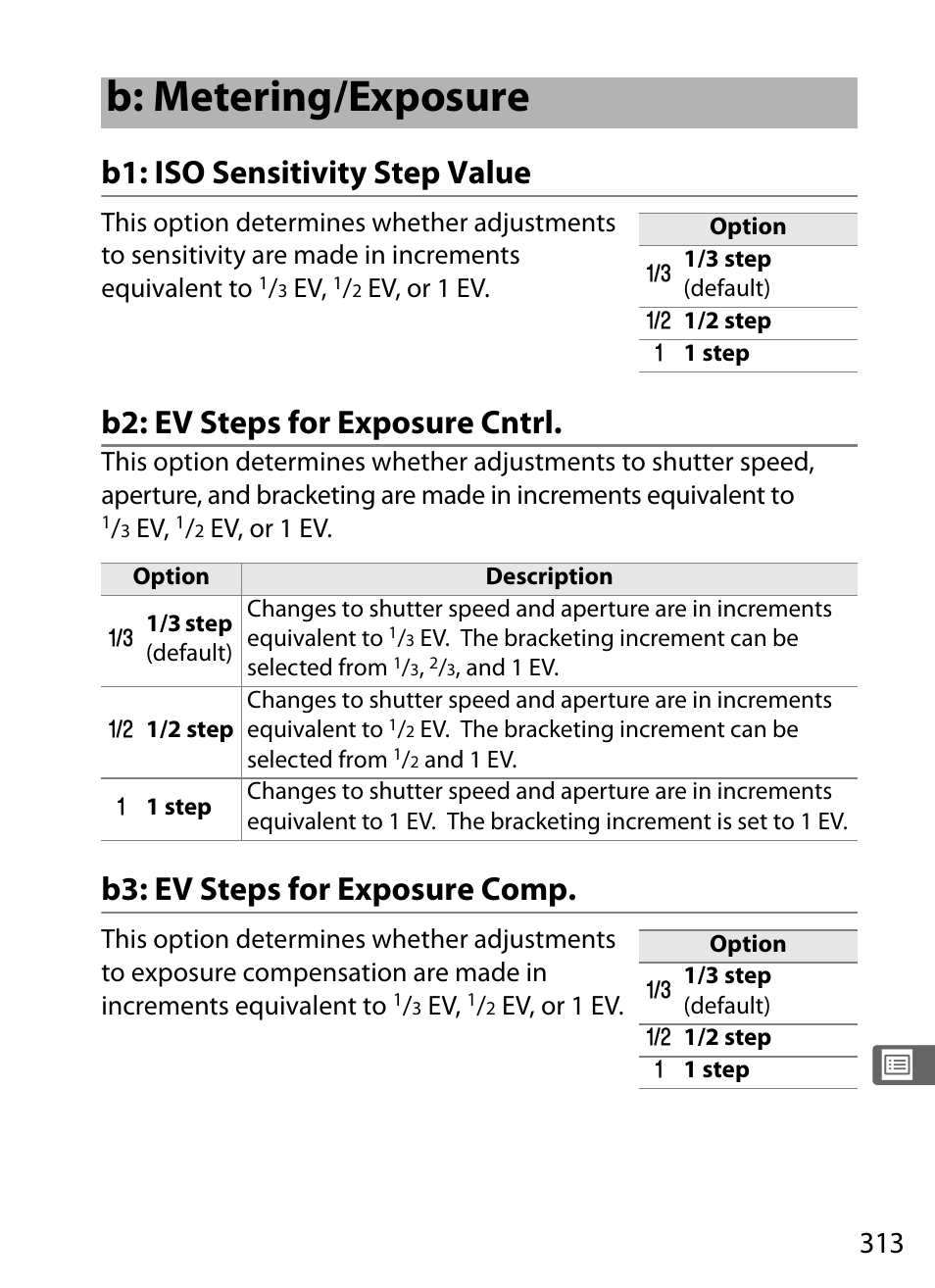 B: metering/exposure, B1: iso sensitivity step value, B2: ev steps for exposure cntrl | B3: ev steps for exposure comp | Nikon D3 User Manual | Page 339 / 472