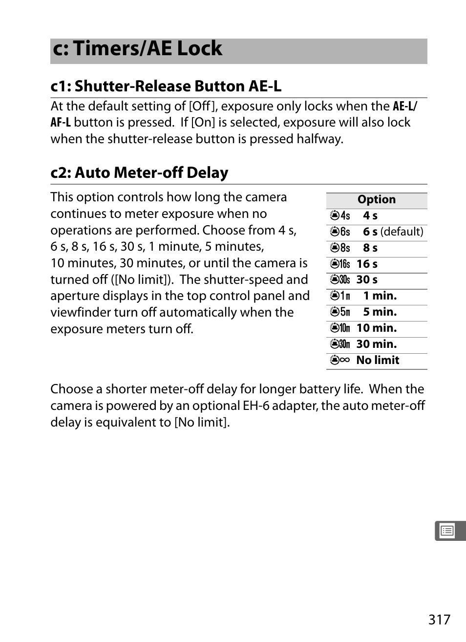 C: timers/ae lock, C1: shutter-release button ae-l, C2: auto meter-off delay | Nikon D3 User Manual | Page 343 / 472