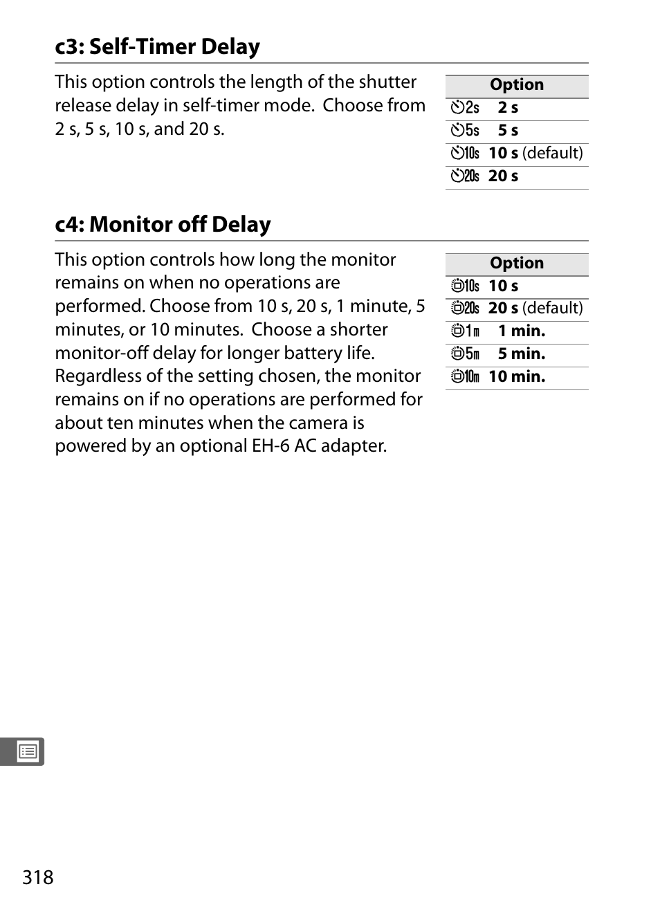 C3: self-timer delay, C4: monitor off delay, C3: self-timer delay c4: monitor off delay | Nikon D3 User Manual | Page 344 / 472