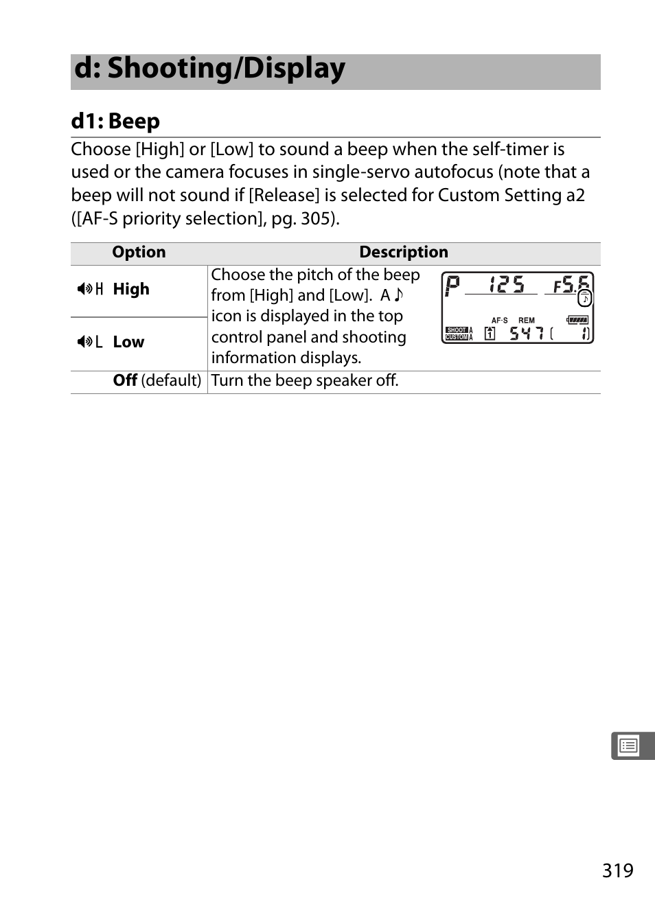 D: shooting/display, D1: beep | Nikon D3 User Manual | Page 345 / 472