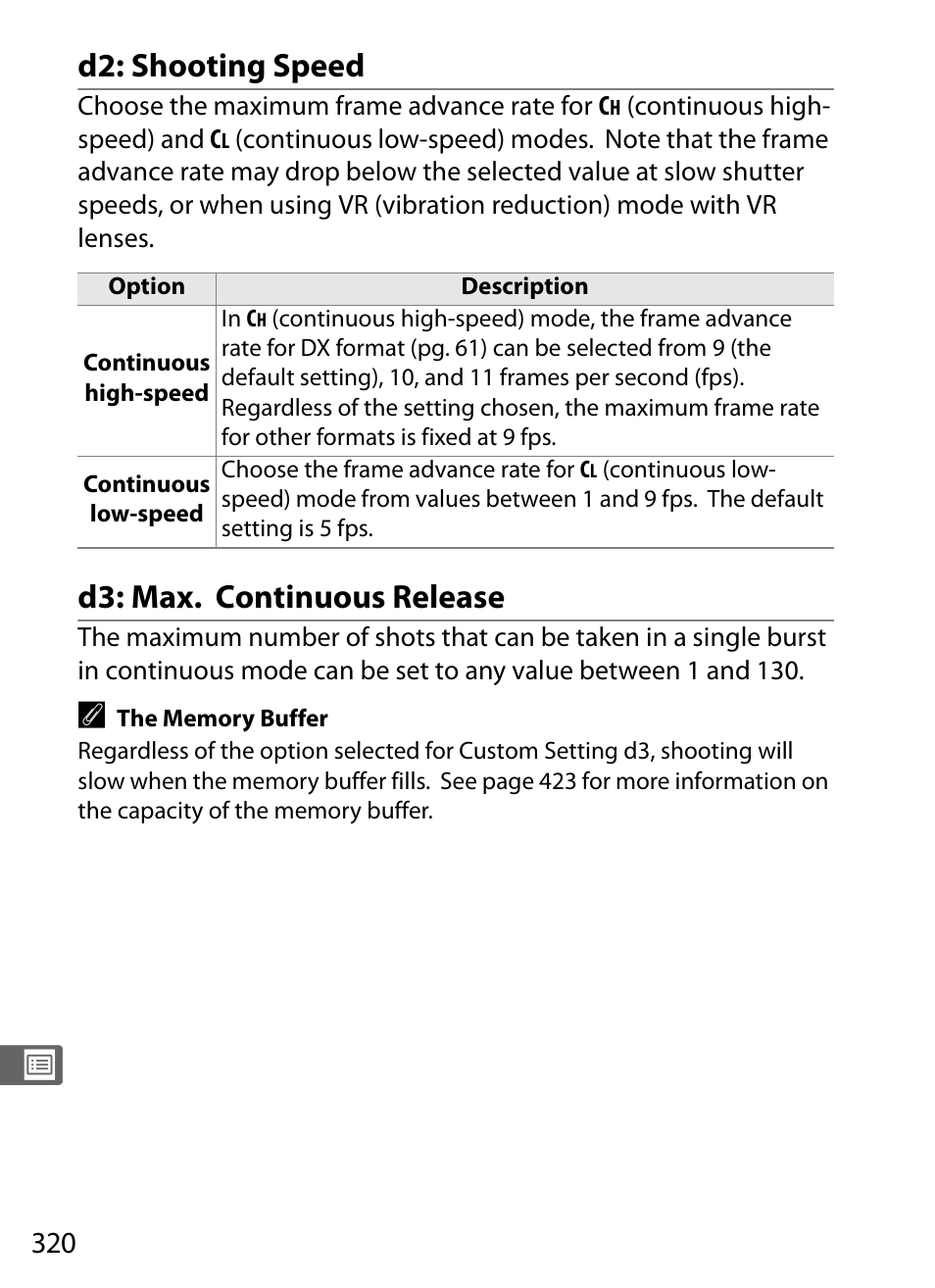 D2: shooting speed, D3: max. continuous release | Nikon D3 User Manual | Page 346 / 472