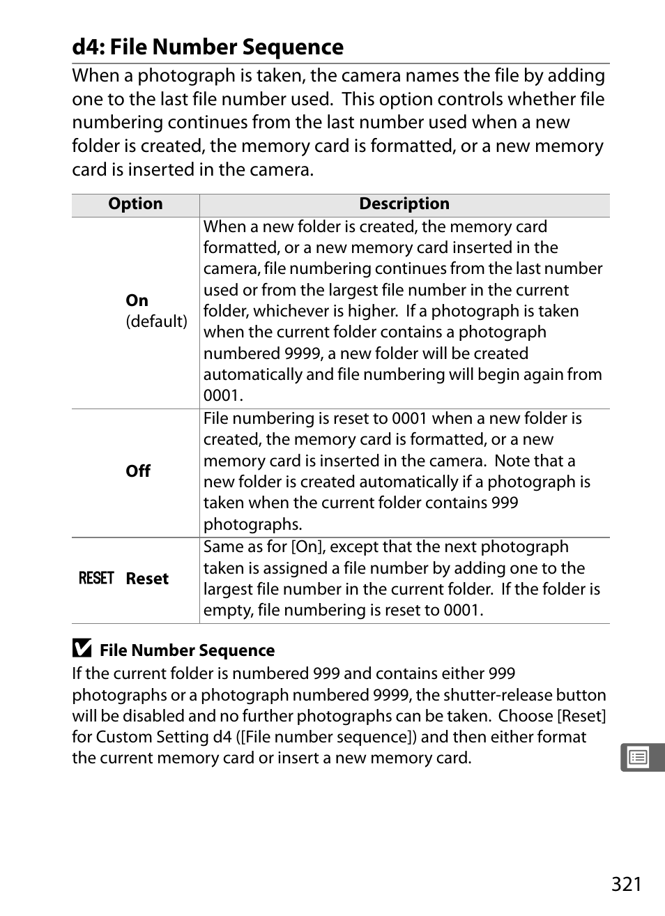 D4: file number sequence | Nikon D3 User Manual | Page 347 / 472