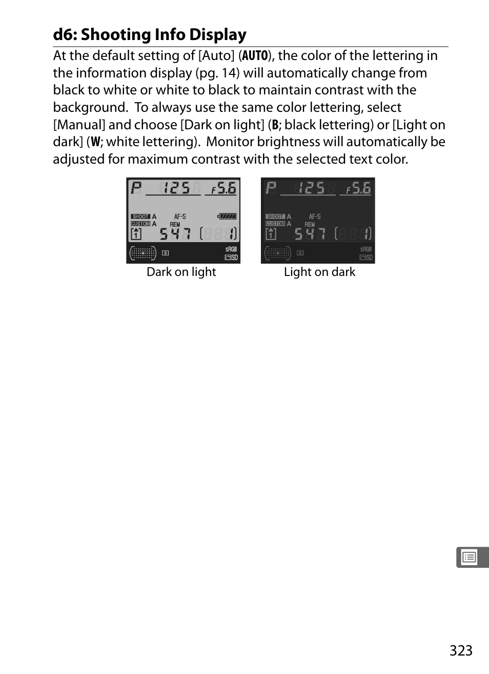 D6: shooting info display | Nikon D3 User Manual | Page 349 / 472