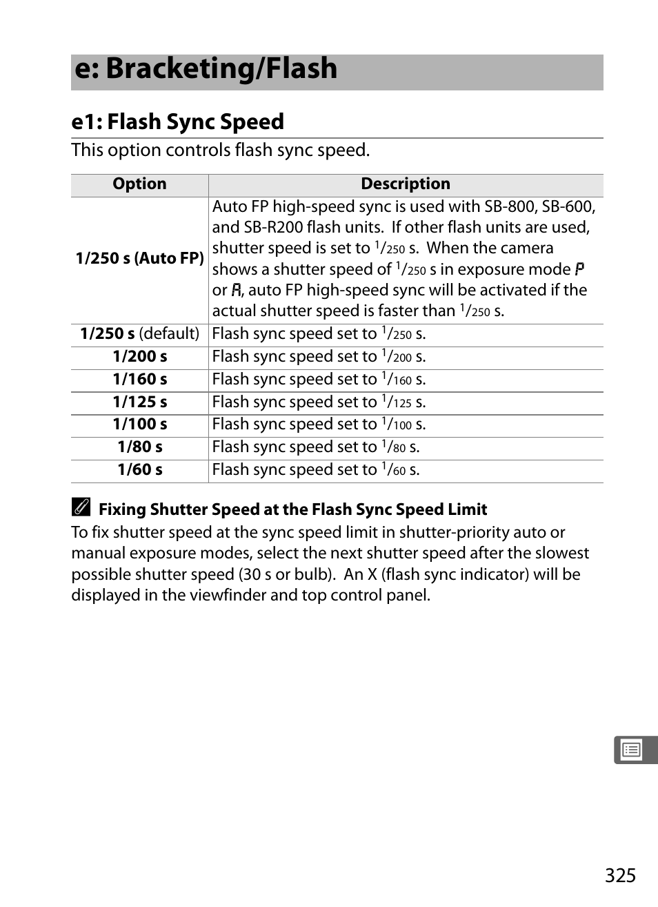 E: bracketing/flash, E1: flash sync speed, This option controls flash sync speed | Nikon D3 User Manual | Page 351 / 472