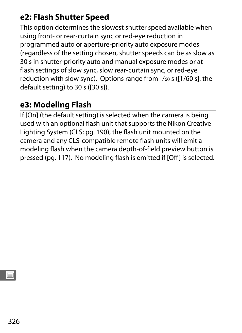 E2: flash shutter speed, E3: modeling flash | Nikon D3 User Manual | Page 352 / 472