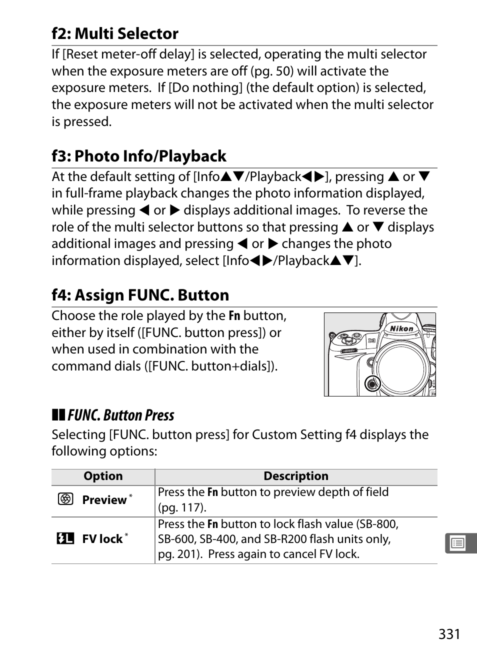 F2: multi selector, F3: photo info/playback, F4: assign func. button | Func. button press | Nikon D3 User Manual | Page 357 / 472