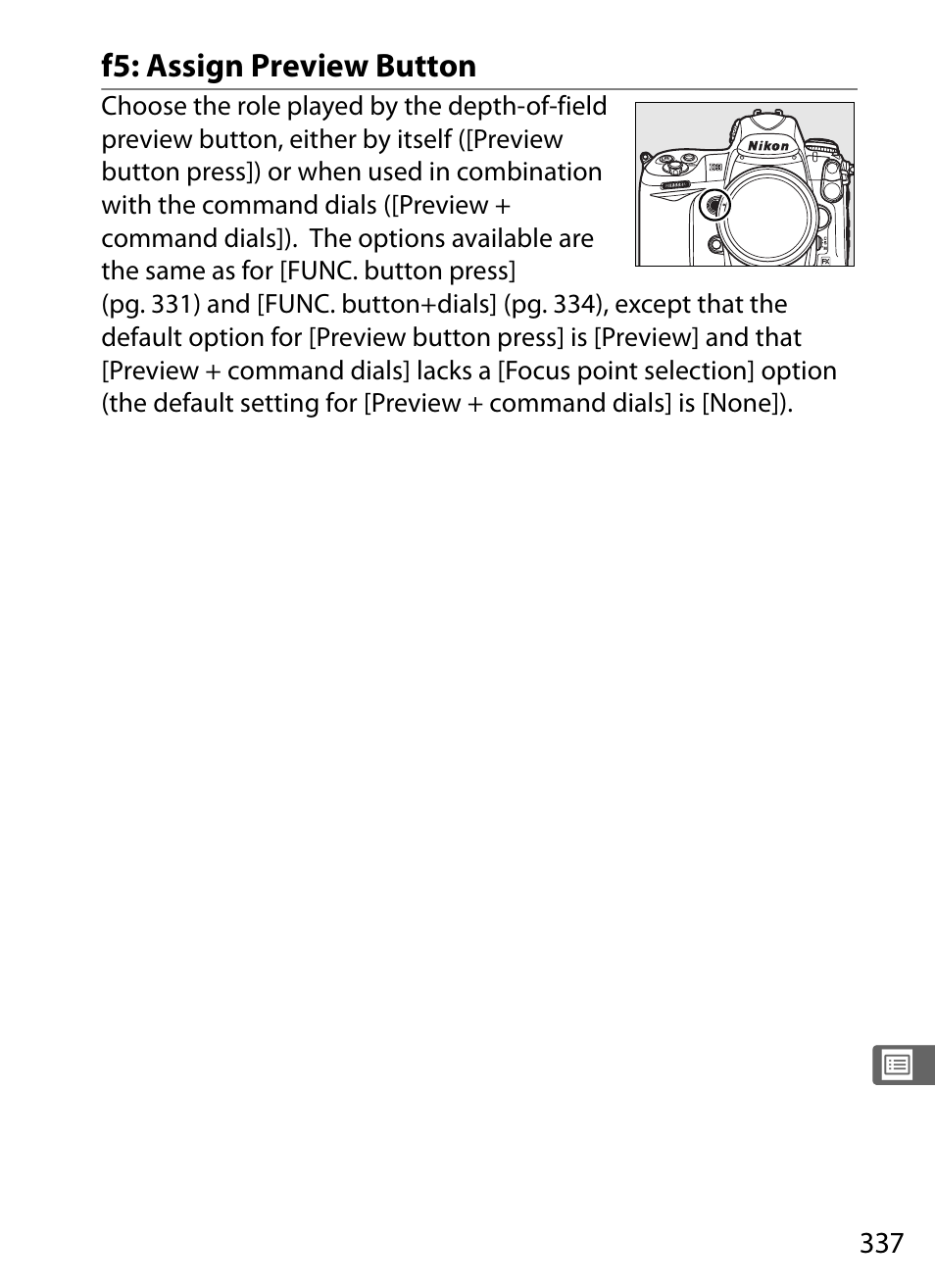 F5: assign preview button | Nikon D3 User Manual | Page 363 / 472