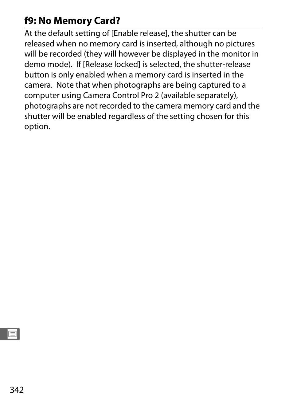 F9: no memory card | Nikon D3 User Manual | Page 368 / 472
