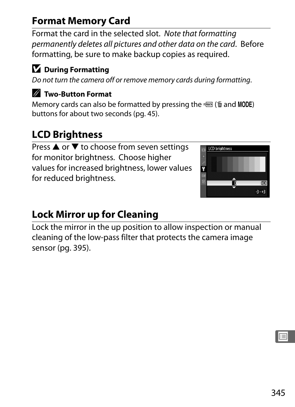 Format memory card, Lcd brightness, Lock mirror up for cleaning | Nikon D3 User Manual | Page 371 / 472