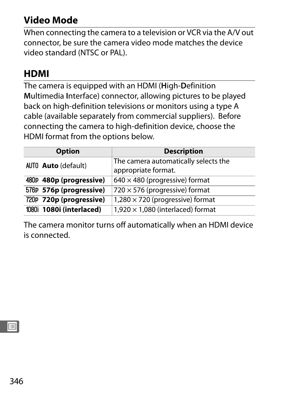 Video mode, Hdmi | Nikon D3 User Manual | Page 372 / 472