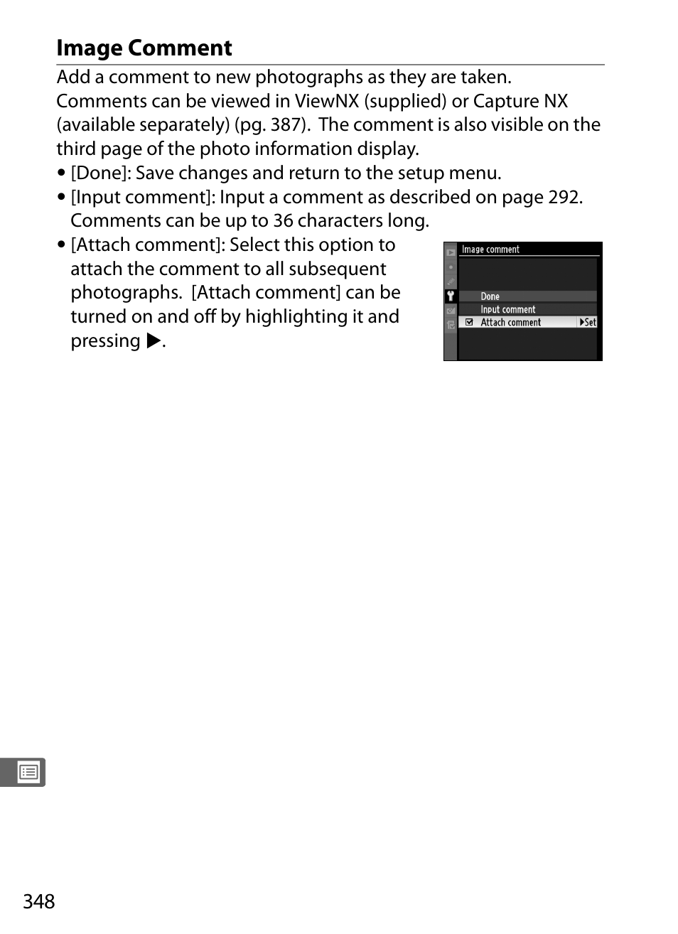 Image comment | Nikon D3 User Manual | Page 374 / 472