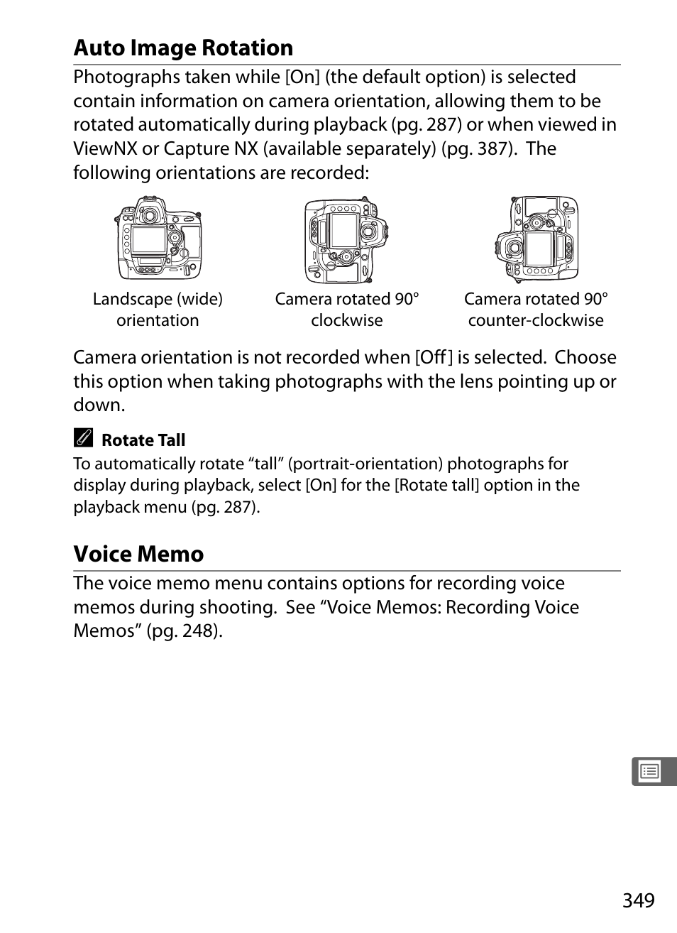 Auto image rotation, Voice memo | Nikon D3 User Manual | Page 375 / 472