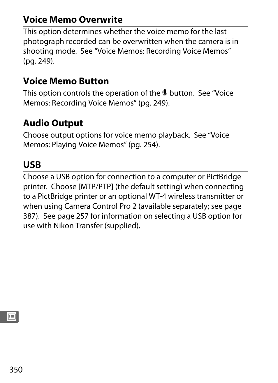 Voice memo overwrite, Voice memo button, Audio output | Nikon D3 User Manual | Page 376 / 472