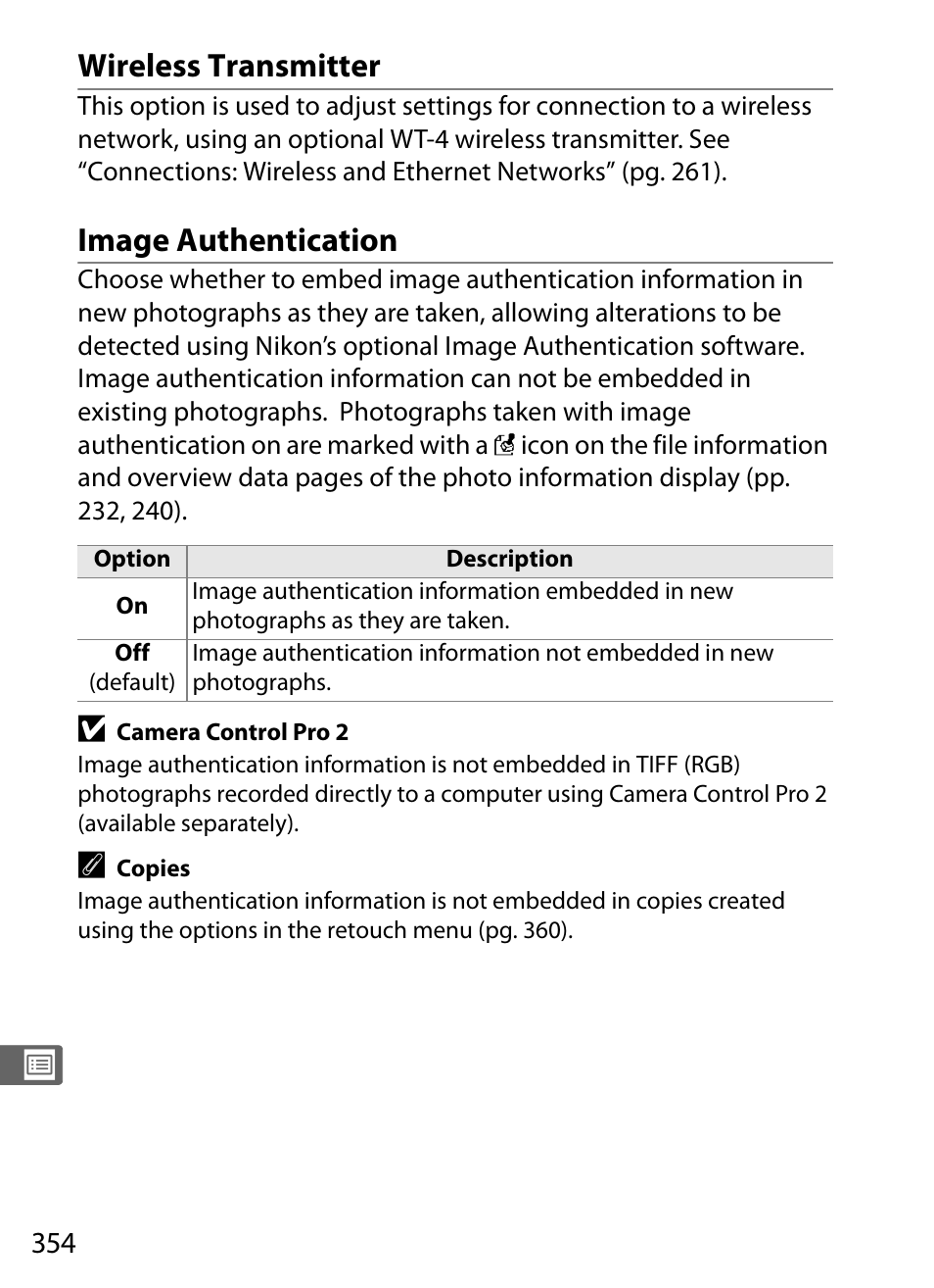 Wireless transmitter, Image authentication | Nikon D3 User Manual | Page 380 / 472